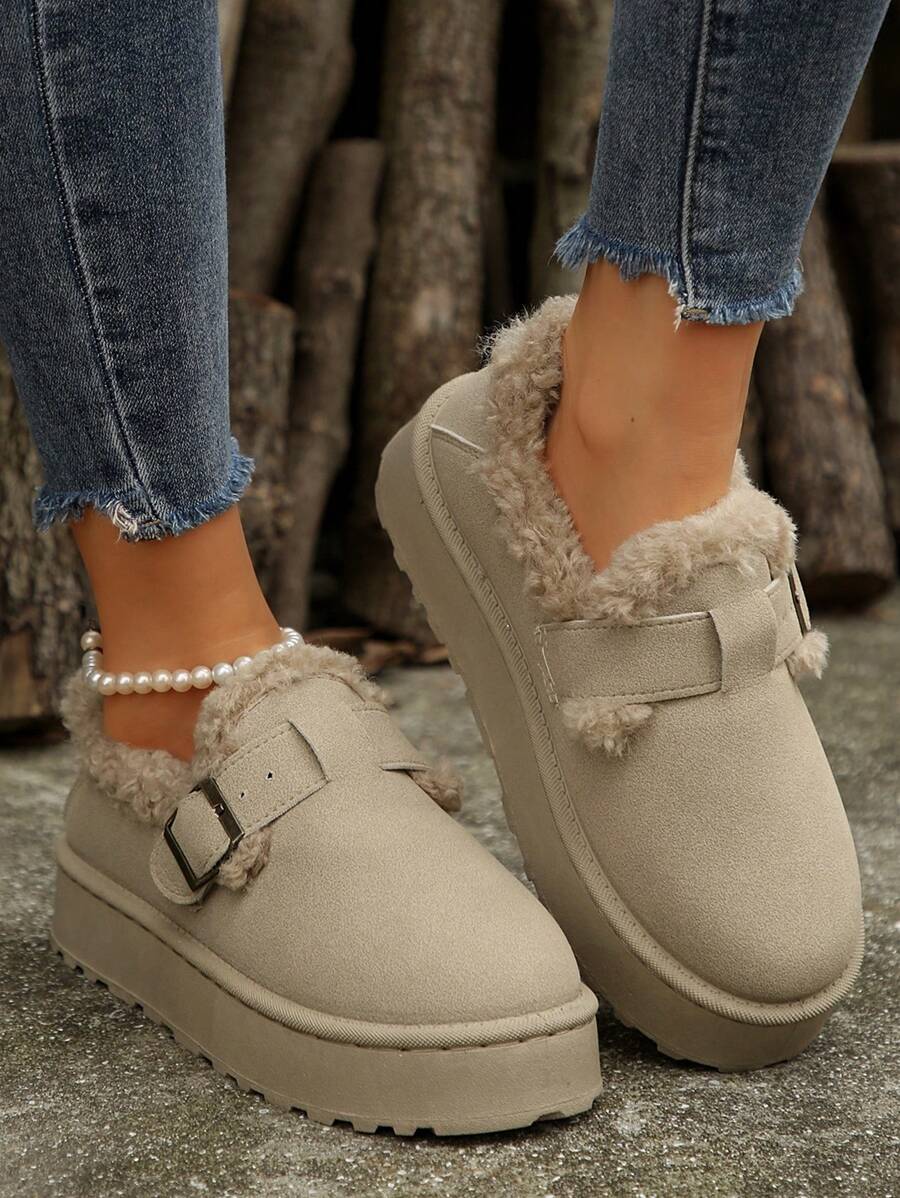 Botas de suela gruesa y tacón medio cálidas y de piel sintética, estilo europeo y estadounidense para otoño/invierno 2024. Botas de nieve con hebilla y de talla grande con cierre elástico de estilo de moda