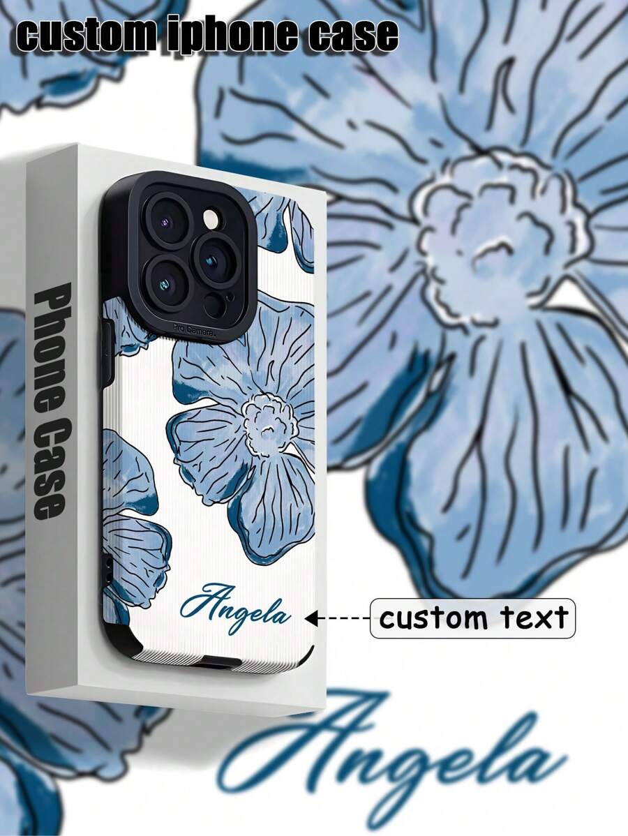 Blaue Blumen personalisierte Handyhülle, individualisierbare Name/Text TPU Leder-Textur weiche Rundum-Schutzhülle kompatibel mit Apple Handy Serie 6/7/8/XS/XR/11/12/13/14/15 Plus, ideales Geschenk für Hochzeit, Halloween, Winter, Abschlussball, Herbst, Muttertag, Vatertag Handyhülle, Handycover, Handyzubehör