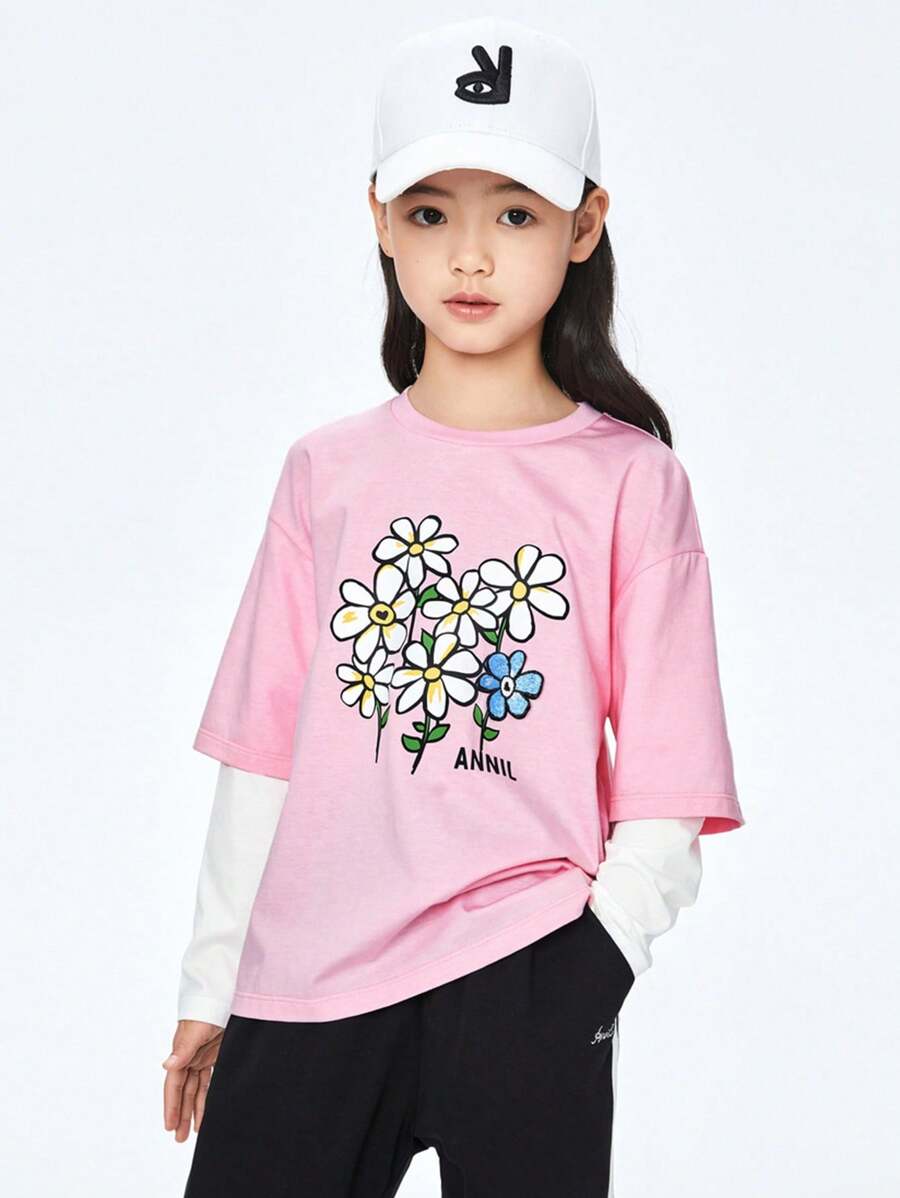 Annil Annil Tween Girls Gola Redonda Manga Comprida Camiseta de Malha Primavera e Outono Camisa de Base