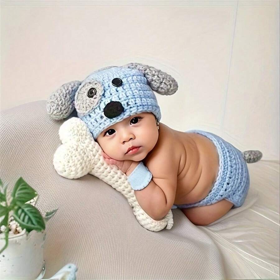 Recém-nascido Bebê Chapéu de Cachorro Azul Conjunto Curto Adereços de Fotografia Fantasia Foto Roupas de Malha Decorações de Chá de Bebê para Família Presentes Chá de Bebê Presente de Páscoa Coisas para Meninas/Meninos