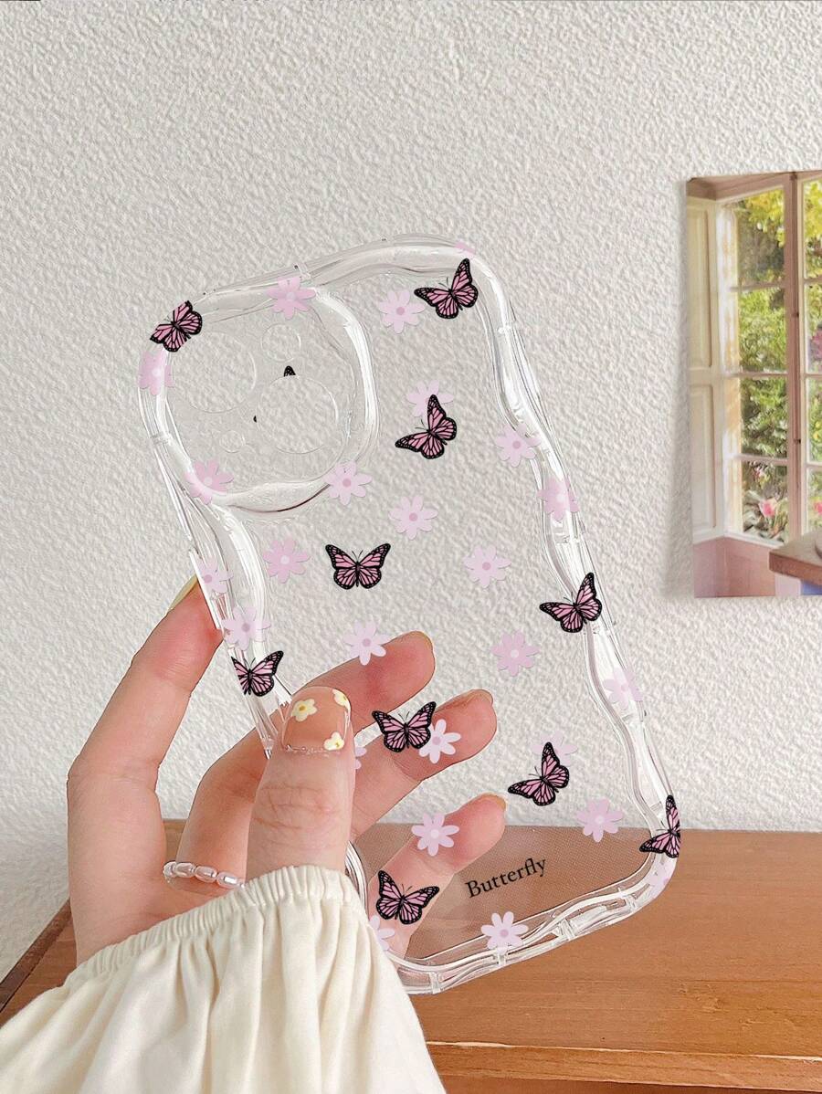 1pc Clear Butterfly & Flower Pattern TPU Camera Full Cover Phone Case, Compatible With Apple IPhone 16 Series, Series