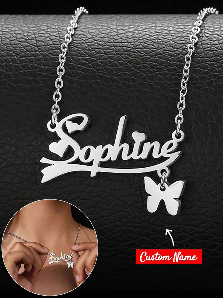 1pc Stainless Steel Personalized Custom Name Necklace For Women Her Mom Sisters Girls Christmas Mother's Day Butterfly 1-12 Character Number For Customized Titanium Steel Necklace Valentine's Day, Birthday, Anniversary Graduation High-End Gifts