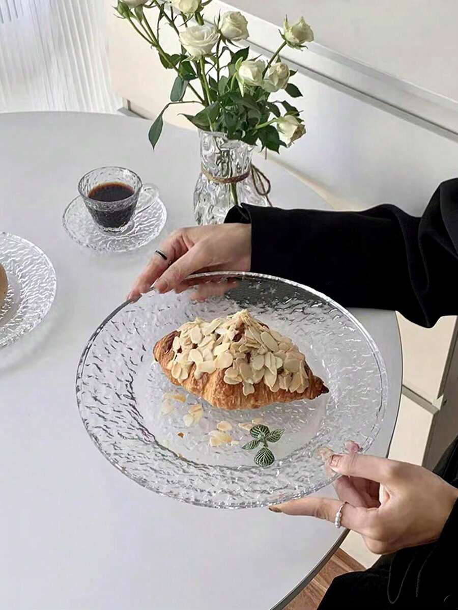 1pc Glacier Glass Round Plate, INS Style Dessert Plate, Fruit Plate, High-End Household Pastry Platter, Cake Dish, Tableware Christmas Gift