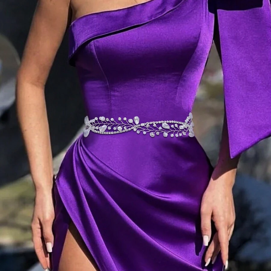 1 pieza Accesorio de moda hecho a mano para vestido de novia versátil, cinturón de cintura cruzada de malla plateado brillante y cristal para mujer