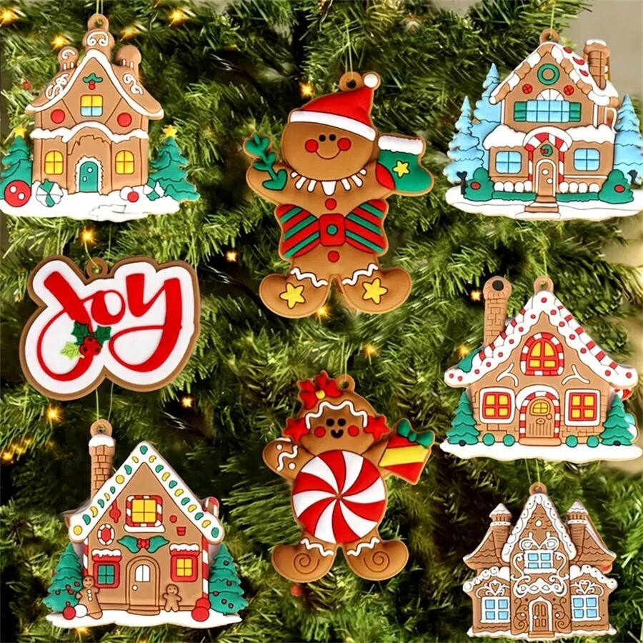 8 pièces Pendentif décoratif de maison de Noël, décoration de chaumière en pain d'épices - Conception d'arbre de Noël et d'homme en pain d'épices, ajoutant une atmosphère sucrée à votre sapin de Noël ! Cadeau pour Noël, Halloween, Thanksgiving, Pâques, décoration de maison, décoration de chambre, décoration murale