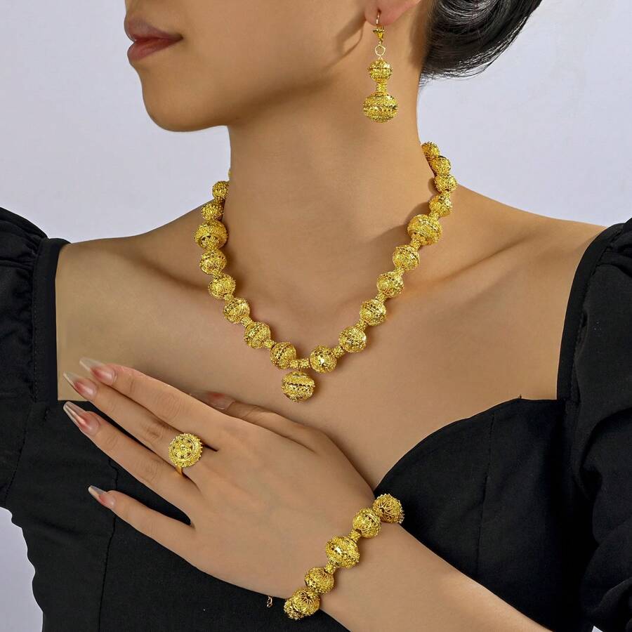 5 pièces/set Collier de perles africaines de Dubaï, boucles d'oreilles, ensemble de bijoux pour femmes, plaqué or 24 carats, cadeau de mariage de mariée pour fête