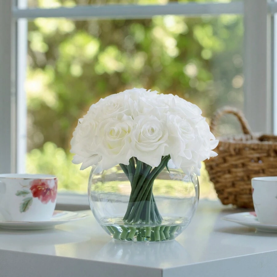 16 Heads Silk Rose Artificial Flowers In Vase Faux Rose Flowers Arrangement In Round Bowl Vase With Faux Water For Table Decor Centerpieces