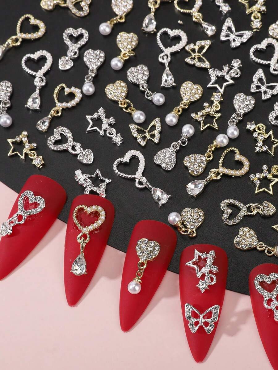 40 Piezas Dijes colgantes con forma de corazón, Diamantes de imitación de cristal, Gemas y Piedras decorativas para Uñas, Charms en color dorado y plateado para Diseño de Uñas, Accesorios Variados para Decoración de Uñas para el Día de los Enamorados
