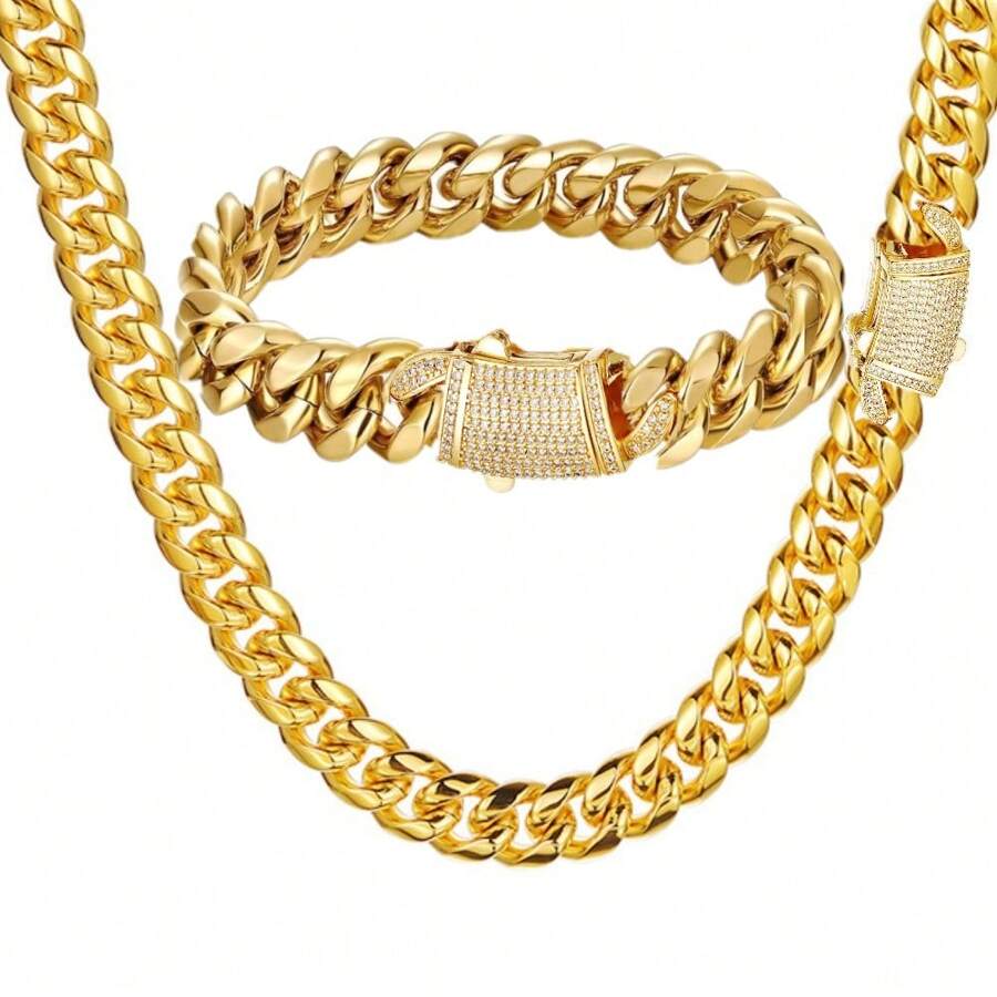 putouzip 2pcs Thick 18K Gold Plated Hip Hop Jewelry Set Stainless Steel 12mm Men Curb Punk Link Chain Crooked Buckle Necklace Bracelet