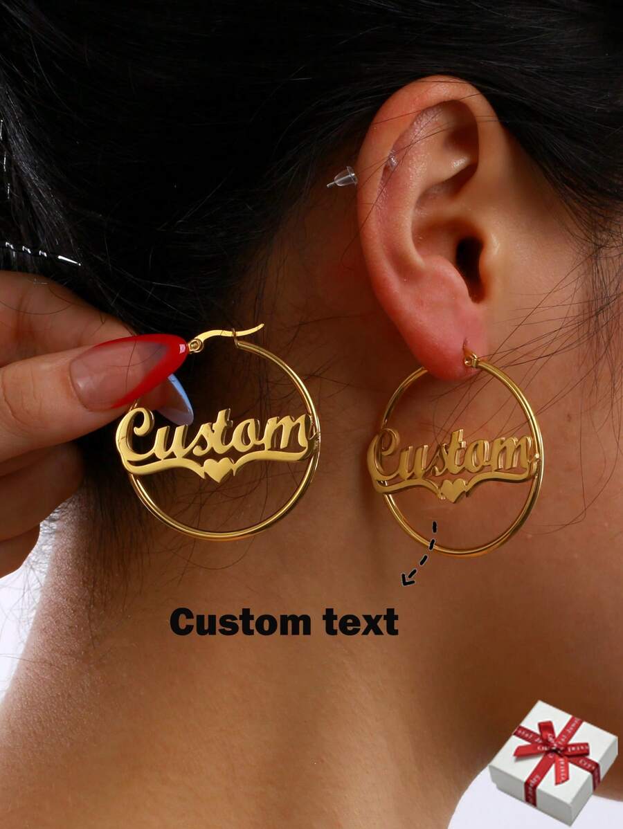 Customized 40mm Earrings With Personalized Name Stainless Steel Letter Heart Earrings For Women, Gold Customized Name Circular Earrings, Wedding Jewelry Valentines