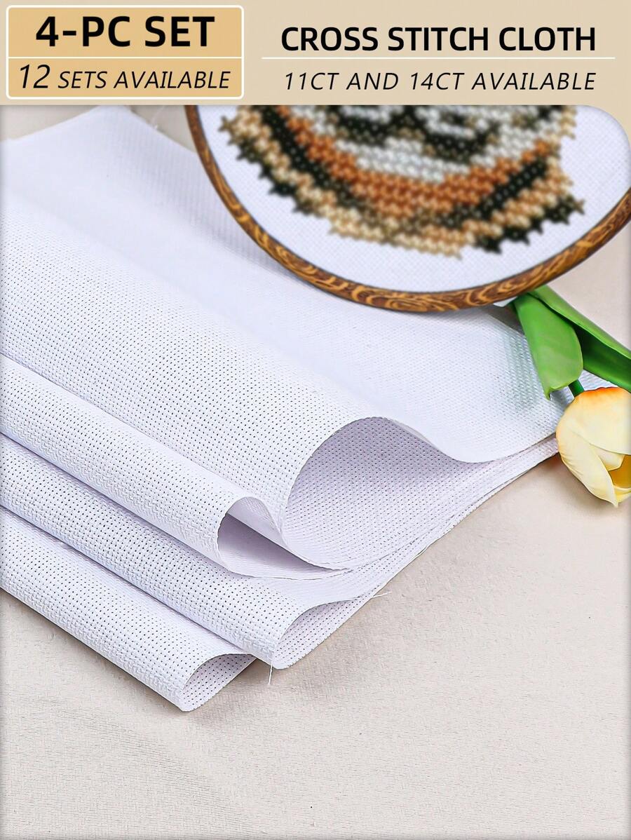 4pcs White DIY Cross Stitch Fabric, Thick Material With Even Threads, For Making Flat Finished Products. Available In 11CT And 14CT, With 6 Cutting Size Options.