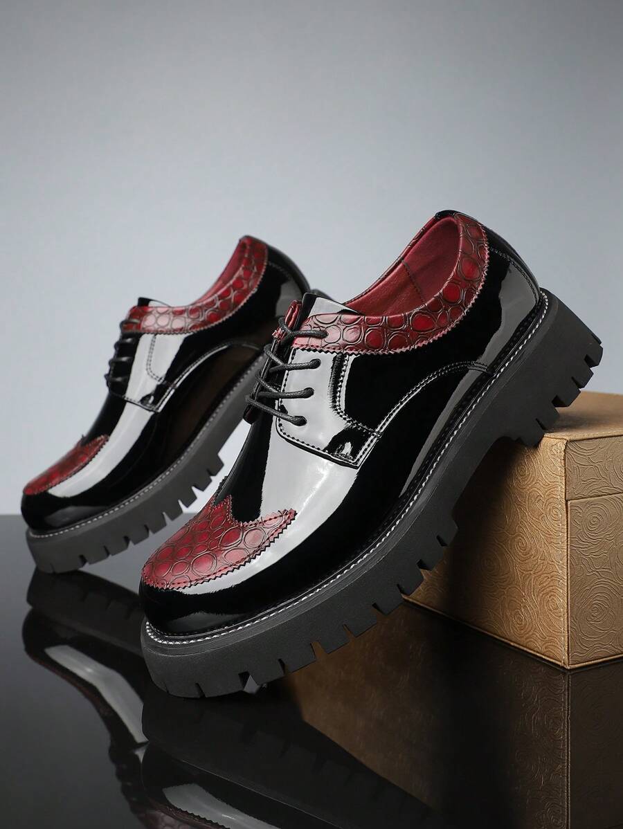 Men's High-End British Style Leather Shoes With Increased Height, Thick Sole, Shiny Surface, Slip-On Casual Loafers