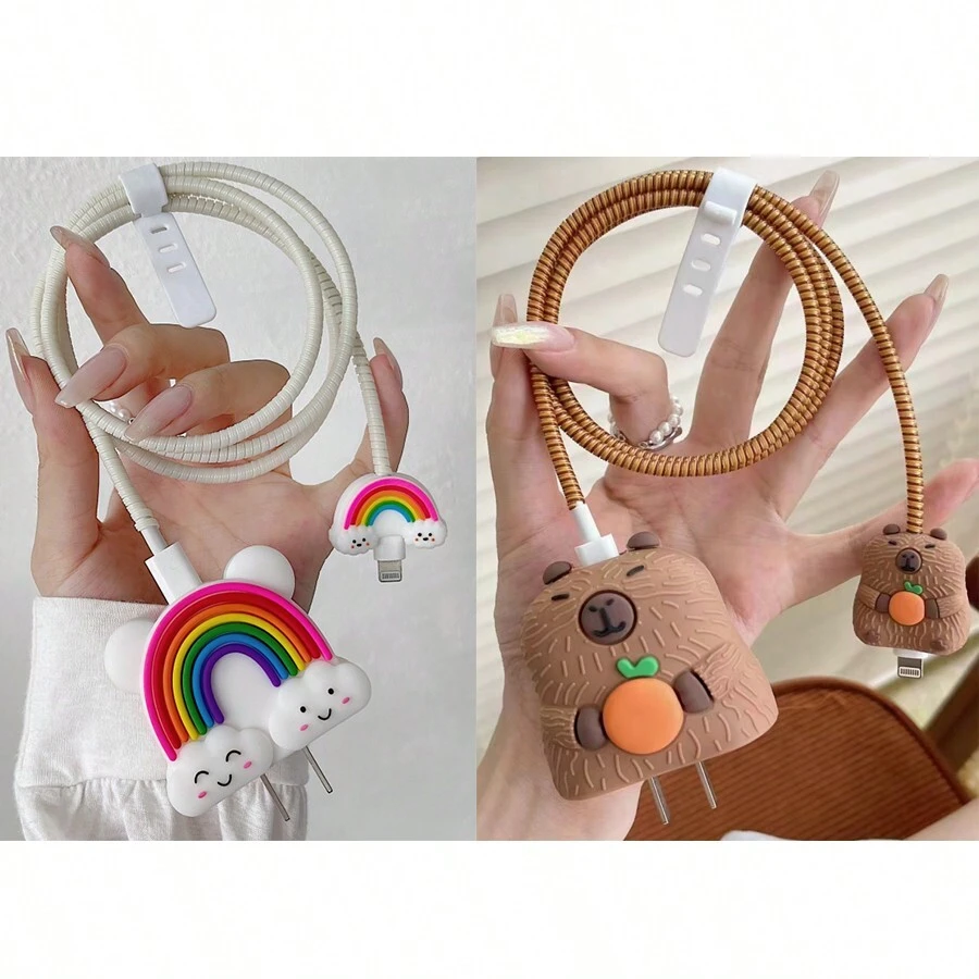 4pcs Cute Rainbow Bear Series Fast Charger Protective Cover Set Compatible With IPhone 11 12 13 14 15 Pro Max, Including Fast Charging Cable, Charger Head, Data Cable Protective Cover - Fun Gift Cable Protector, Charger Protector