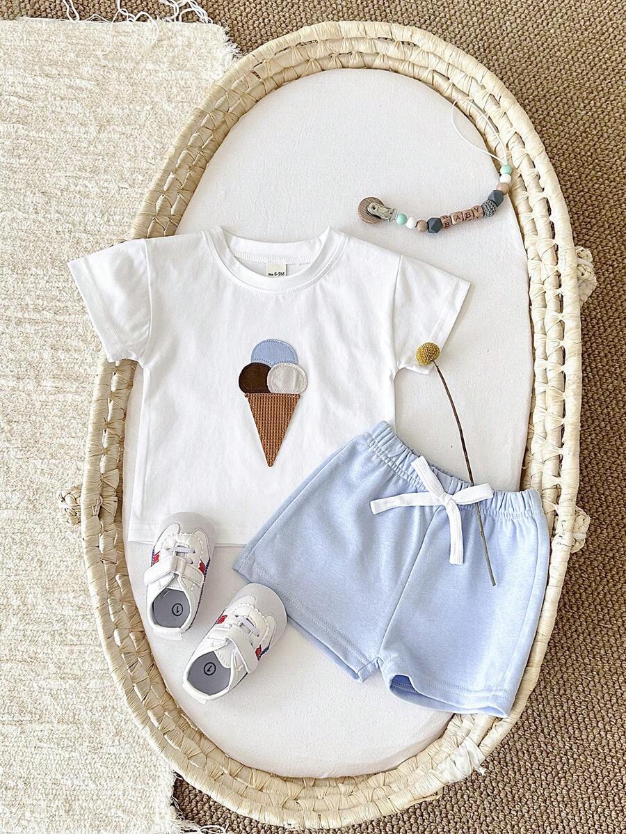 Conjunto de 2 piezas de camiseta de manga corta y pantalones cortos transpirables de parche de helado para niños y niñas, casual, de verano