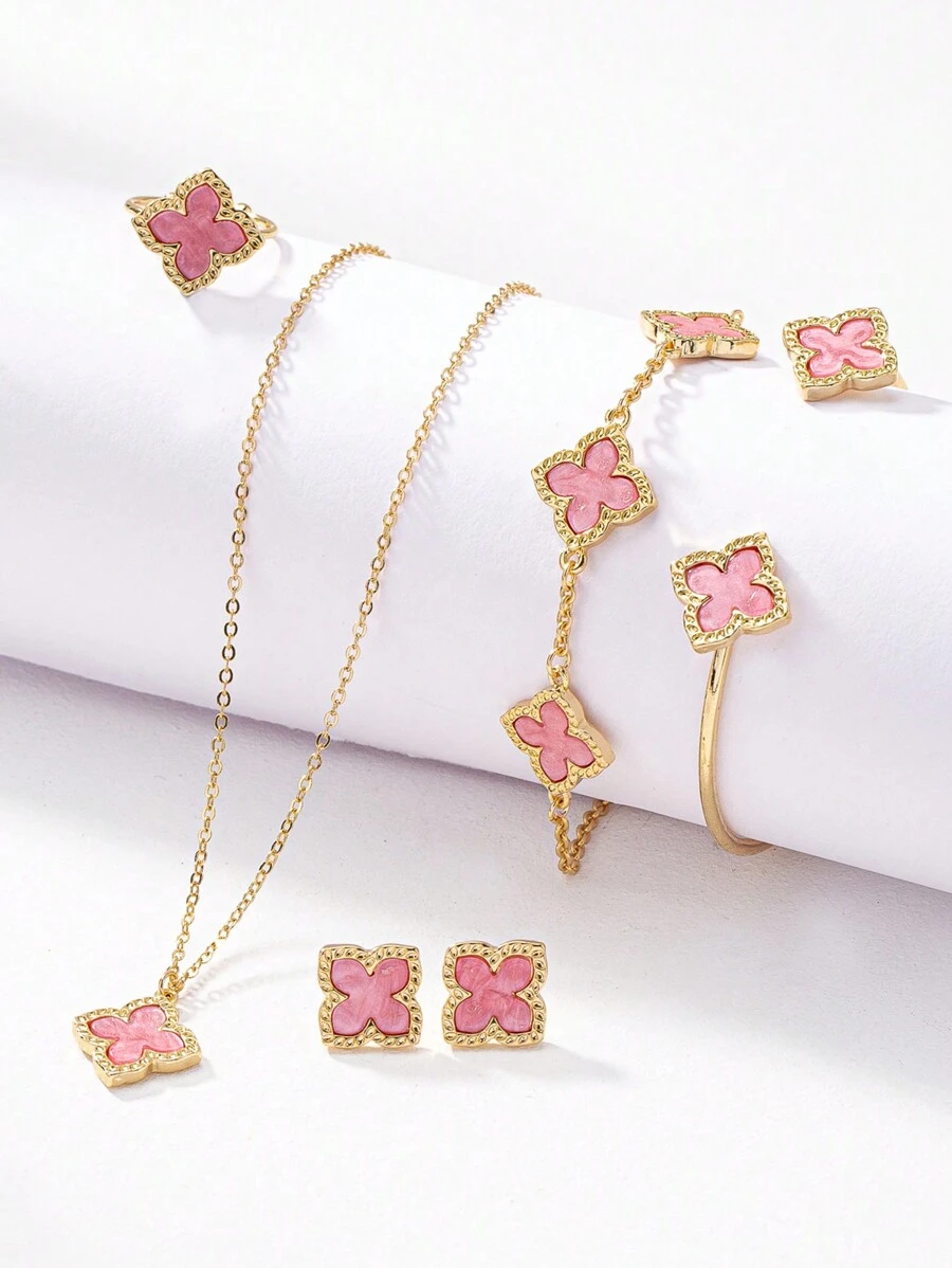 6 Pcs Four Leaf Clover Earring Necklace Bracelet Bangle Ring Jewelry Set For Women Valentines,Mom,Mother,Mother's Day,Gift