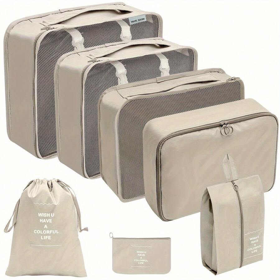 7-teiliges Polyester Reise-Aufbewahrungstascheset, minimalistischer Slogan-Grafik Gepäckpackorganisator für Reisezubehör, Herbstdekor für Zuhause, Reiseaufbewahrungstasche, Makeup-Tasche, Kosmetiktasche, Reise-Organizer, Makeup-Organizer mit großem Fassungsvermögen, Makeup-Koffer, für Lippenstifte, Pinsel, Hautpflege, Handy, Münzen, Kleinteile, für Zuhause, Geschenke, Urlaub und Feste wie Halloween, Weihnachten, multifunktional, Boho-Vibes
