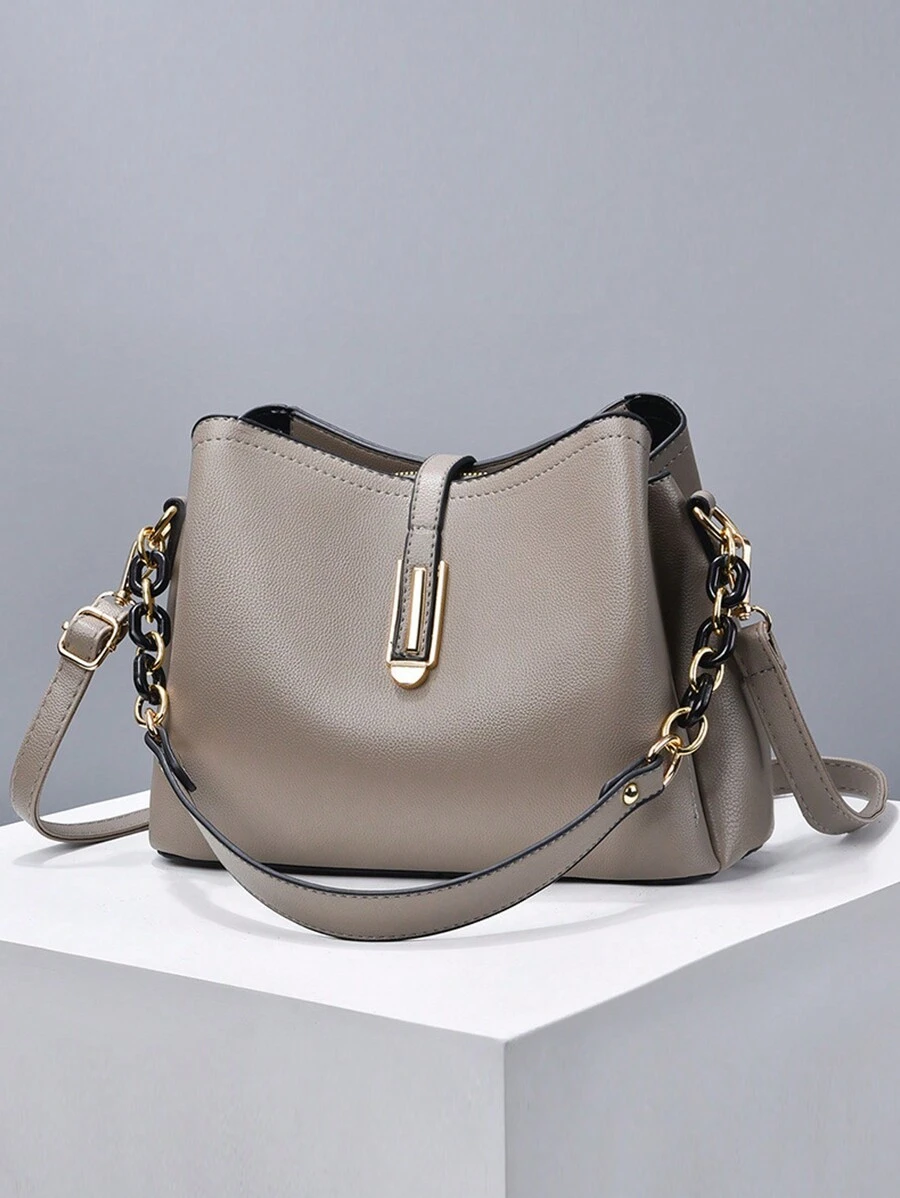 Bolsa feminina de cor sólida da moda, alça de corrente, bolsa de ombro pequena, bolsa de ombro feminina de couro sintético e carteira para celular, carteira tipo balde
