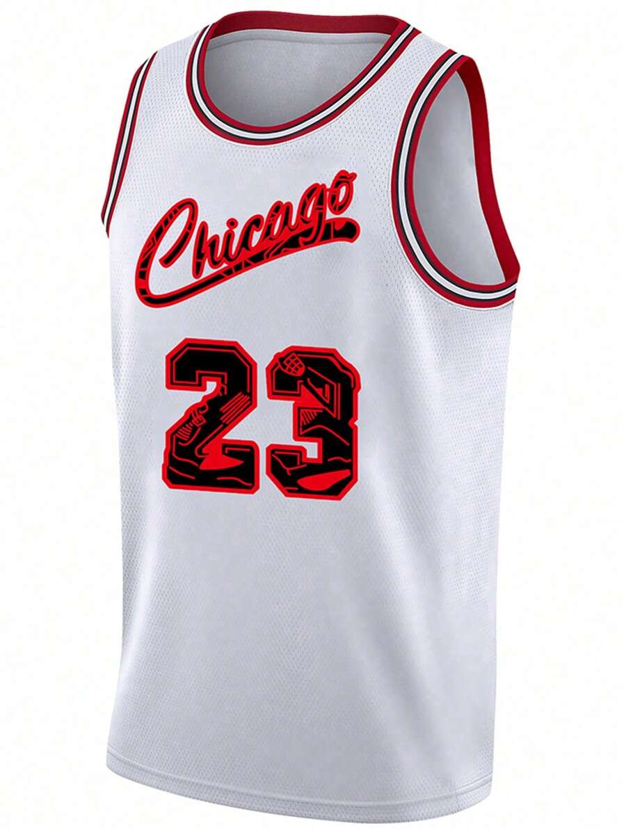Boyfriend Style Men's Embroidered Basketball Jersey 23 White Casual Sleeveless Vest V-Neck T-Shirt Party Sports Top