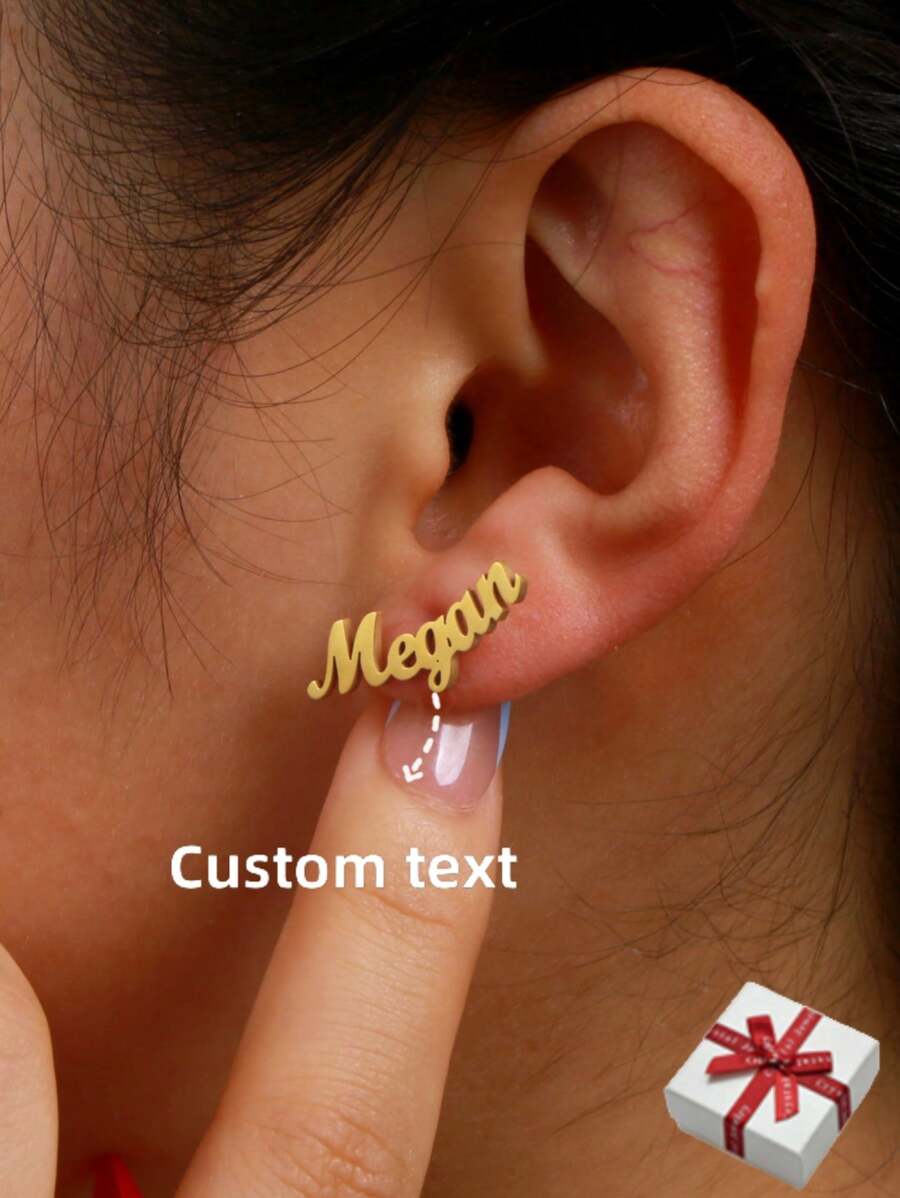 Boucles d'oreilles personnalisées avec nom pour femmes, boucles d'oreilles clous de plaque signalétique personnalisées en acier inoxydable couleur or pour accessoires de port quotidien
