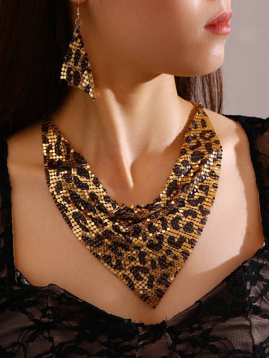 NAIZHU Ensemble de collier et boucles d'oreilles pour femmes à motif léopard exagéré et texture métallique de 3 pièces pour fête à la mode