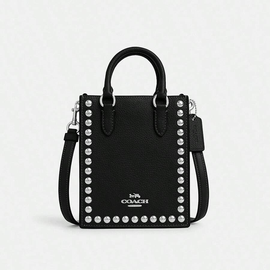Coach Bolso de mano tipo tote pequeño de estilo norte-sur, bolso cruzado con remaches, bolso tipo cartera con asa superior CM248 SVDTV para mujer