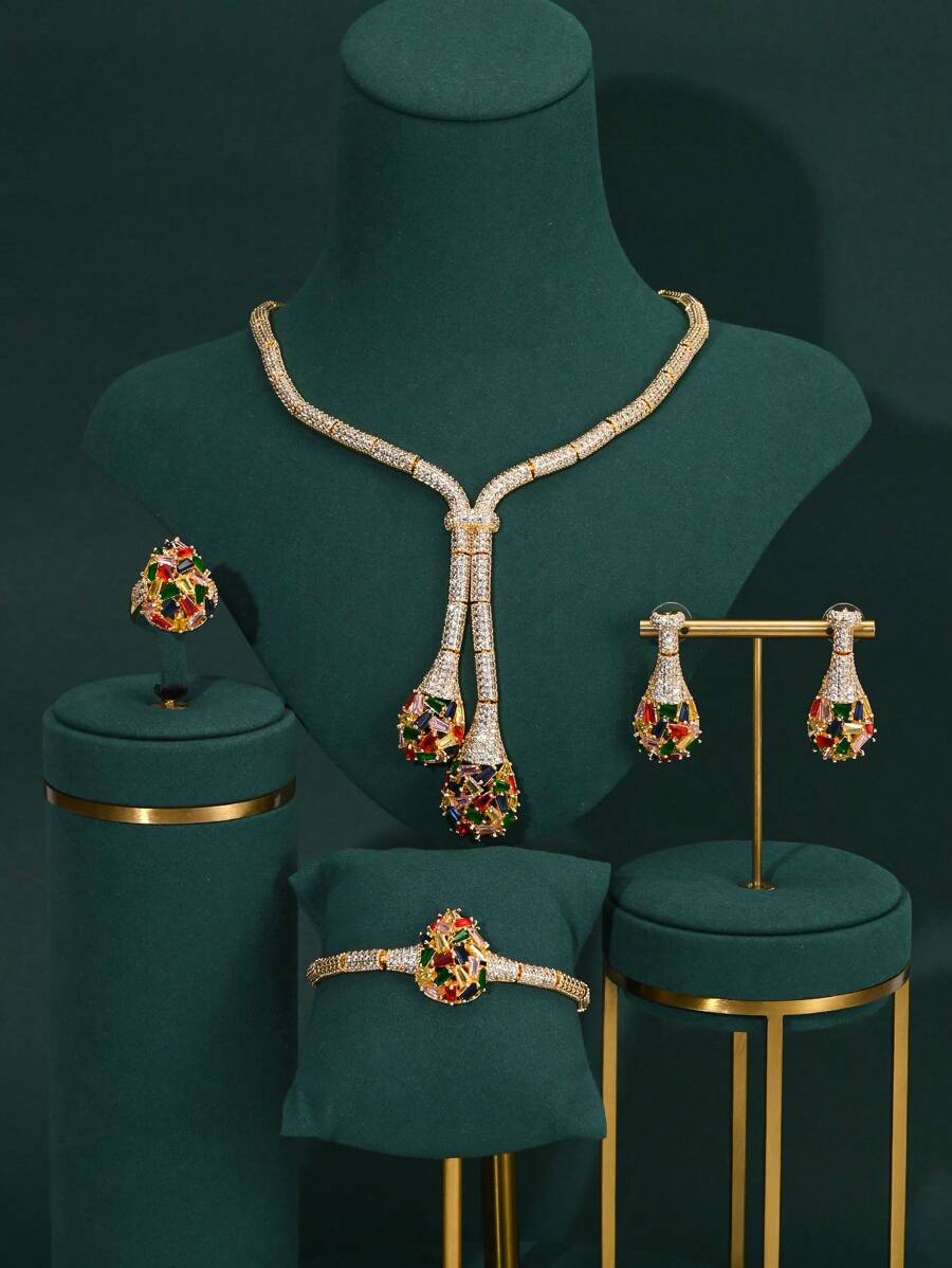 Necklace+Earrings+Ring+Bracelet Set With Multicolored Cubic Zirconia And Tassel Design, Suitable For Ladies' Daily Wear, Parties, Banquets, Bride, Bridal Jewelry Set