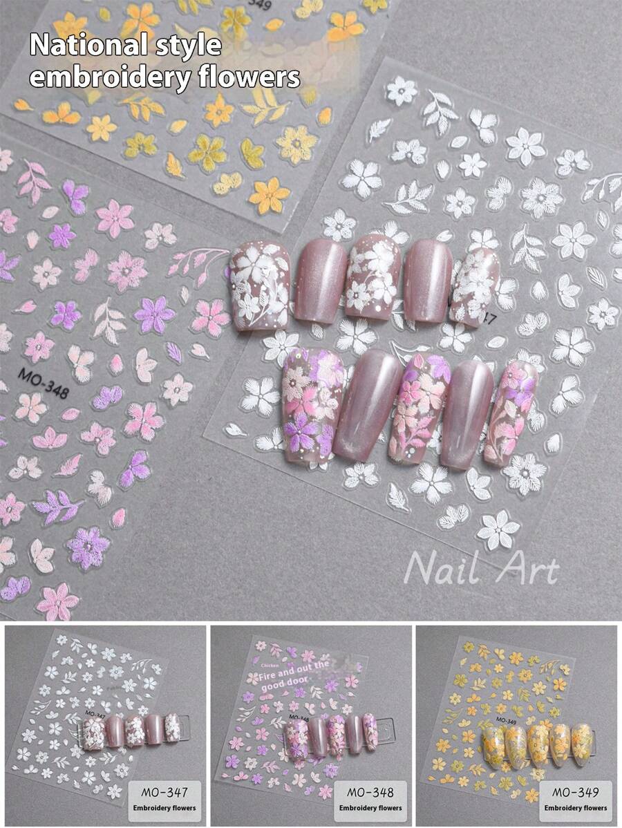 5 piezas de Pegatinas de uñas con bordados de estilo retro chino, decoración de uñas, nuevas pegatinas de uñas 3D de dibujos animados lindos, adecuadas para uso diario, fiestas y reuniones