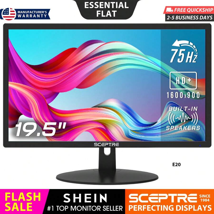 SCEPTRE 20" Computer Monitor Gaming Office 1600x900 HD+ 75Hz HDMI Built-In Speakers Wall Mount Ready Black (E20 Series)