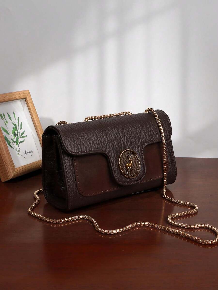 Bolsa de Ombro Retrô Elegante para Mulheres, Bolsa Transversal com Corrente, Textura com Padrão de Lichia, Bolsa Pequena para Celular, Bolsa Inspirada no Estilo Retrô para Mulheres