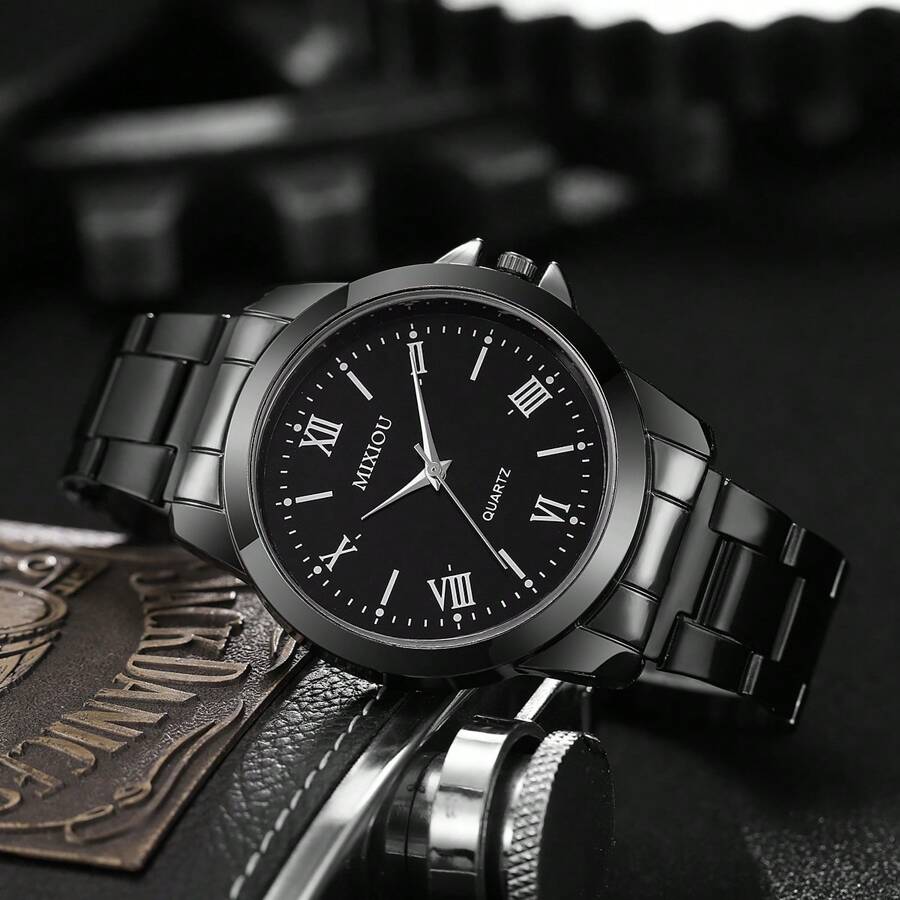 1 pieza Reloj de cuarzo de moda empresarial para hombre con correa de acero inoxidable, con números romanos, simple y elegante, adecuado para uso diario o como regalo