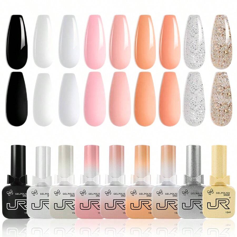 JR Jr 9pcs 15ml Colored Gel Nail Polish Set With Bow Knot Shaped Bottle And Cap, Soak Off Uv Led, Gift For Girls On Valentine'S Day