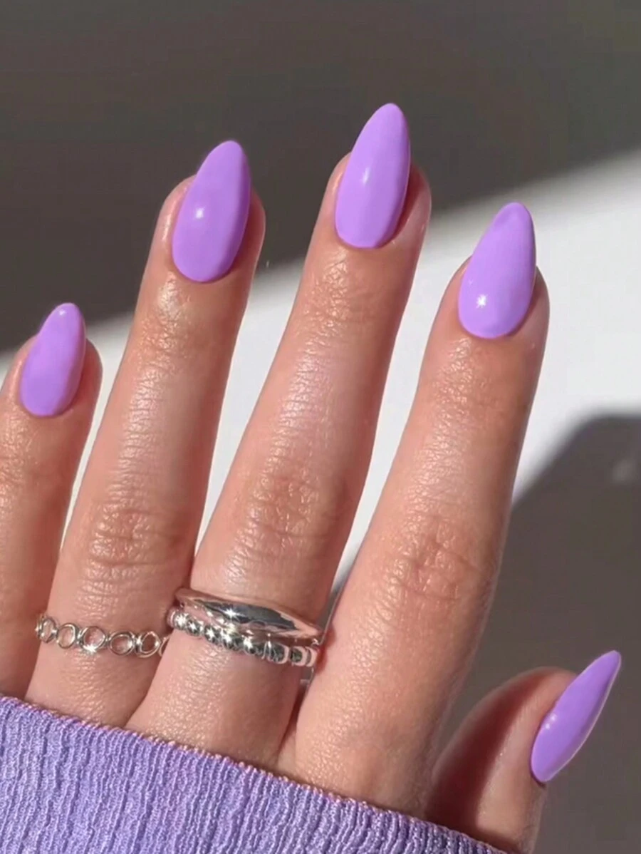 30pcs Almond-Shaped Vintage Simple Light Purple Solid Color False Nail Set To Enhance Your Elegance, Suitable For Daily Wear By Women Press On Nails