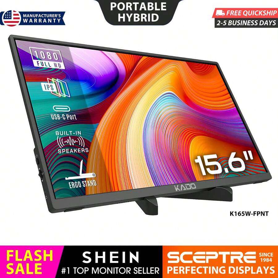 SCEPTRE Kado 15.6" Portable Monitor IPS 1920x1080 HDMI-Compatible Dual USB Type-C Plug & Play Second Display For PC/Laptop/Tablet/Mobile/Dex/Xbox/PlayStation/Switch/Steam Deck Ergo Stand Built-In Speakers (K165W-FPNT Series)
