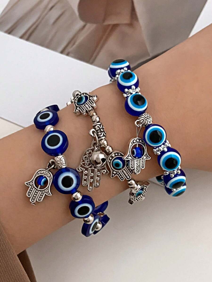 Ensemble de 3 pièces de bracelet pendentif de main de décoration d'œil maléfique en perles, pour femme à la mode pour un usage quotidien