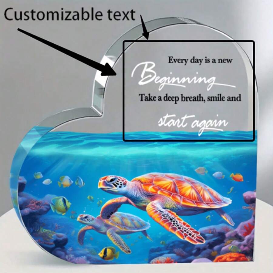 Aangepast acryl hartvormig raster, elke dag is een nieuw begin, adem diep, lach met inspirerende citaten, schildpad, tafelblad decor cadeau voor thuiskantoor