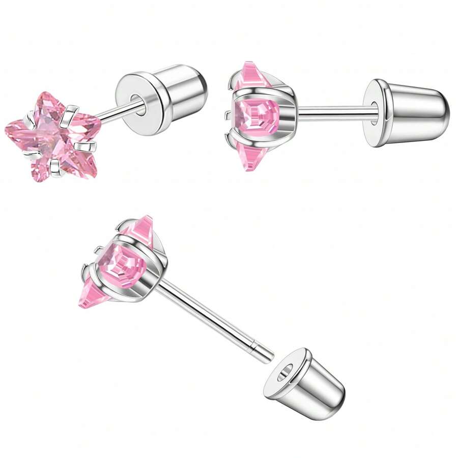 Boucles d'oreilles à tige plate hypoallergéniques en titane, boucles d'oreilles à tige plate faites main 6 mm étoile CZ à pousser en acier chirurgical pour femmes et filles, argent