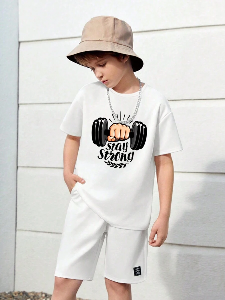 Tween Boys' Summer Dumbbell Letter Print Round Neck Casual Short Sleeve T-Shirt