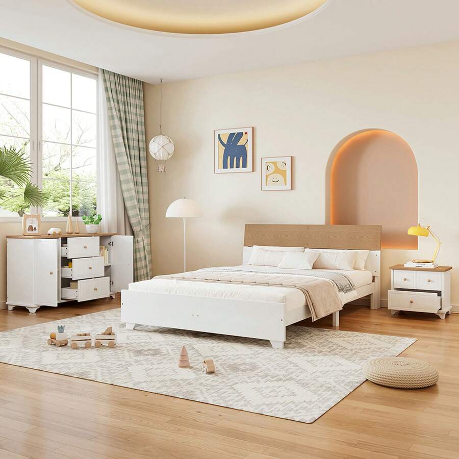 Sweiko Sweiko Complete slaapkamerset, 3-delig. Modern tweepersoonsbed + nachtkastje + ladekast, tweepersoonsbed 160x200cm met middenvoet, nachtkastje met 2 lades, ladekast met 3 lades en 2 deuren, wit + naturel