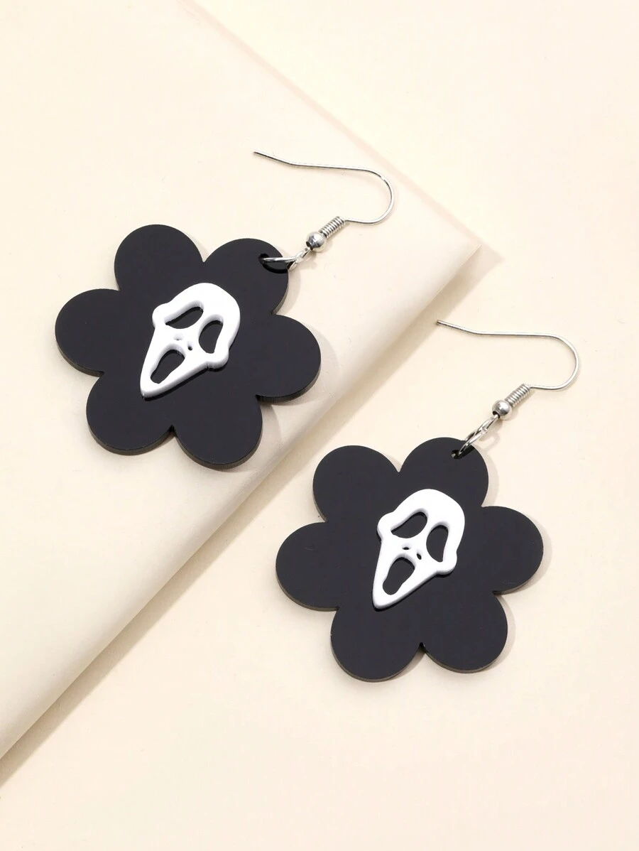 1 par de brincos de acrílico engraçados com rosto de fantasma branco e flor preta para mulheres, para festa de Halloween e Dia de Todos os Santos, acessórios de joias