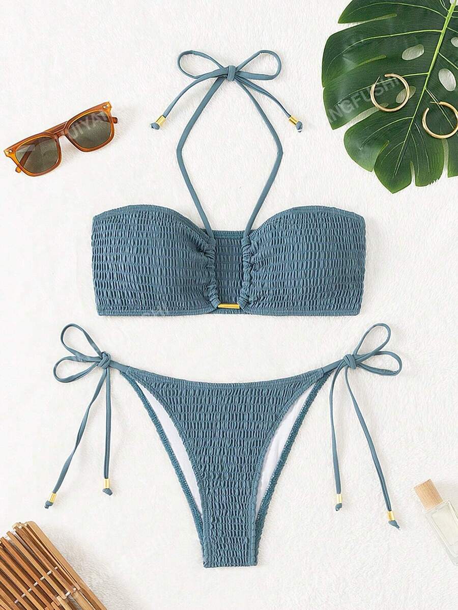 2pcs Women Sexy Halter Backless Beach Dress Fashion Pleated Tie Removable Bikini Set Summer