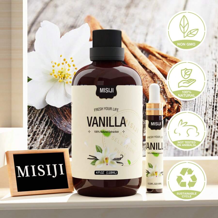 118ml Large Capacity Vanilla Essential Oil, 100% Pure Plant Extract, Distilled, With 10ml Portable Bottle, Suitable For Aromatherapy Diffuser, Fragrance Making, Skin & Hair Care, Office, Bedroom, Meditation, Yoga, Travel