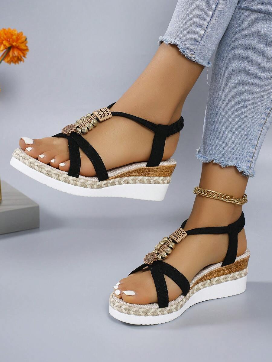 Handmade Beaded Bohemian Casual Sports Sandals With Wedge Heels, Flat Low-Heels, Anti-Slip Woven Bottom & Mid Heels For Women