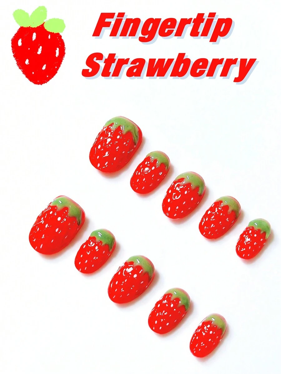 10 pezzi Unghie finte super carine a forma di fragola, accessori per unghie personalizzati alla moda, punte per unghie alla fragola riutilizzabili fatte a mano