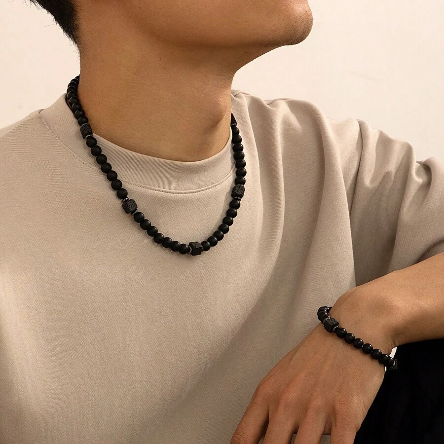1st Heren Vulkanische Steen Kralen Ketting Armband Set, Veelzijdige Hip-Hop Retro Ketting, Kerstmis, Nieuwjaar, Valentijnsdag Cadeau