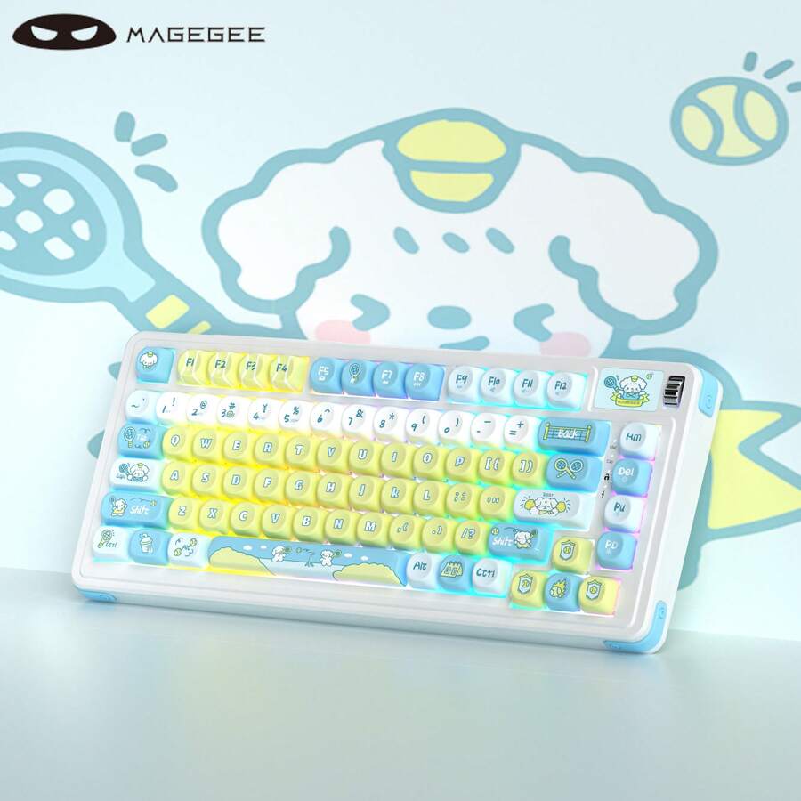 MageGee Air75 Wireless Mechanical Gaming Keyboard RGB PBT Puppy Theme Keycaps Gasket Mount Keyboard 2.4G/BT5.2/USB-C Hot Swappable Custom Pre-Lubed Blue Whale Switch Keyboard Creamy Mechanical Keyboard For Laptop/Tablet//WIN