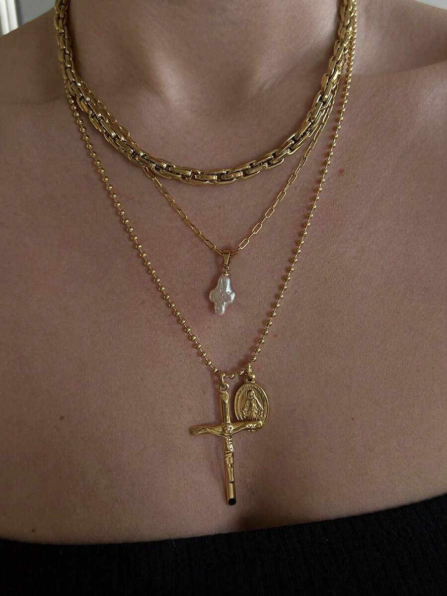 1 Stück europäischer und amerikanischer minimalistischer Hiphop Titan-Stahl Jungfrau Maria Kreuz Perlenkette, Schlangenketten passend für Frauen für jeden Tag, Dates, Musikfestivals, Hochzeiten, Neujahr, Valentinstag, Muttertag, Mutter, Muttertag, Geschenk