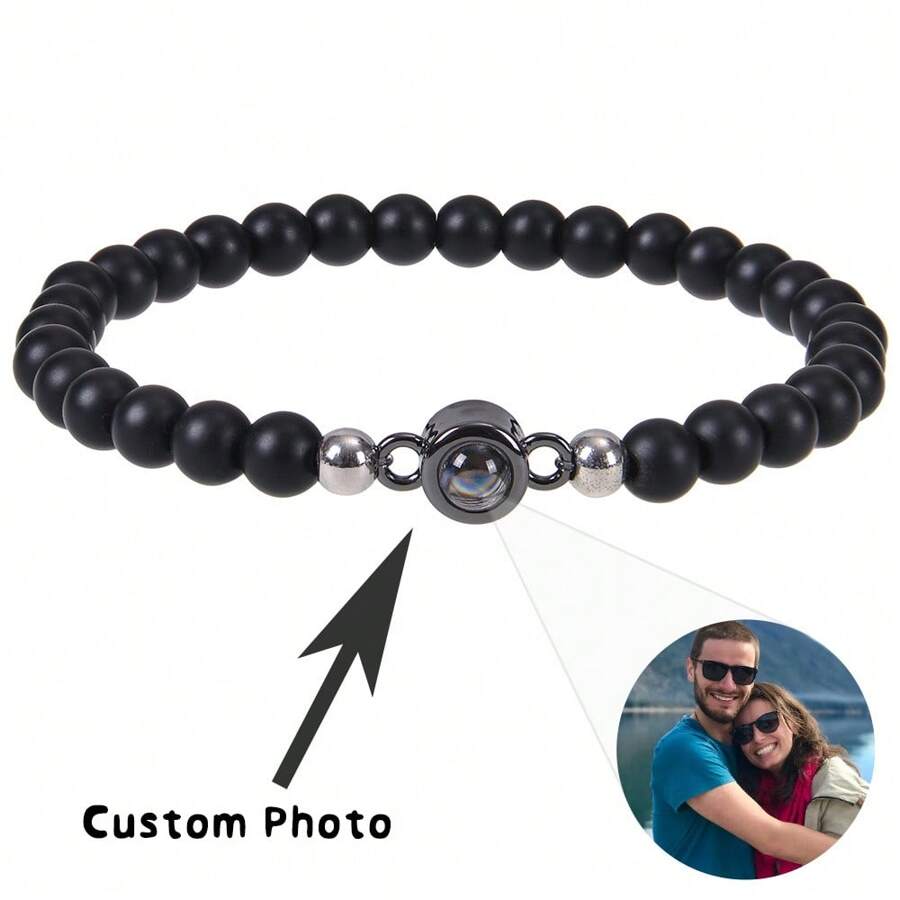 Pulseira personalizada com projeção de pedra natural de 6 mm, presente comemorativo para casais, preta, prateada, elegante, colorida, vintage, simples, unissex, casual, fofa, personalizada, única, presente ideal para ele, presente ideal para ela, namorado, namorada, pai, mãe, família, amigos, para aniversários, para formatura, para baile de formatura, para festa, temporada de bailes de formatura