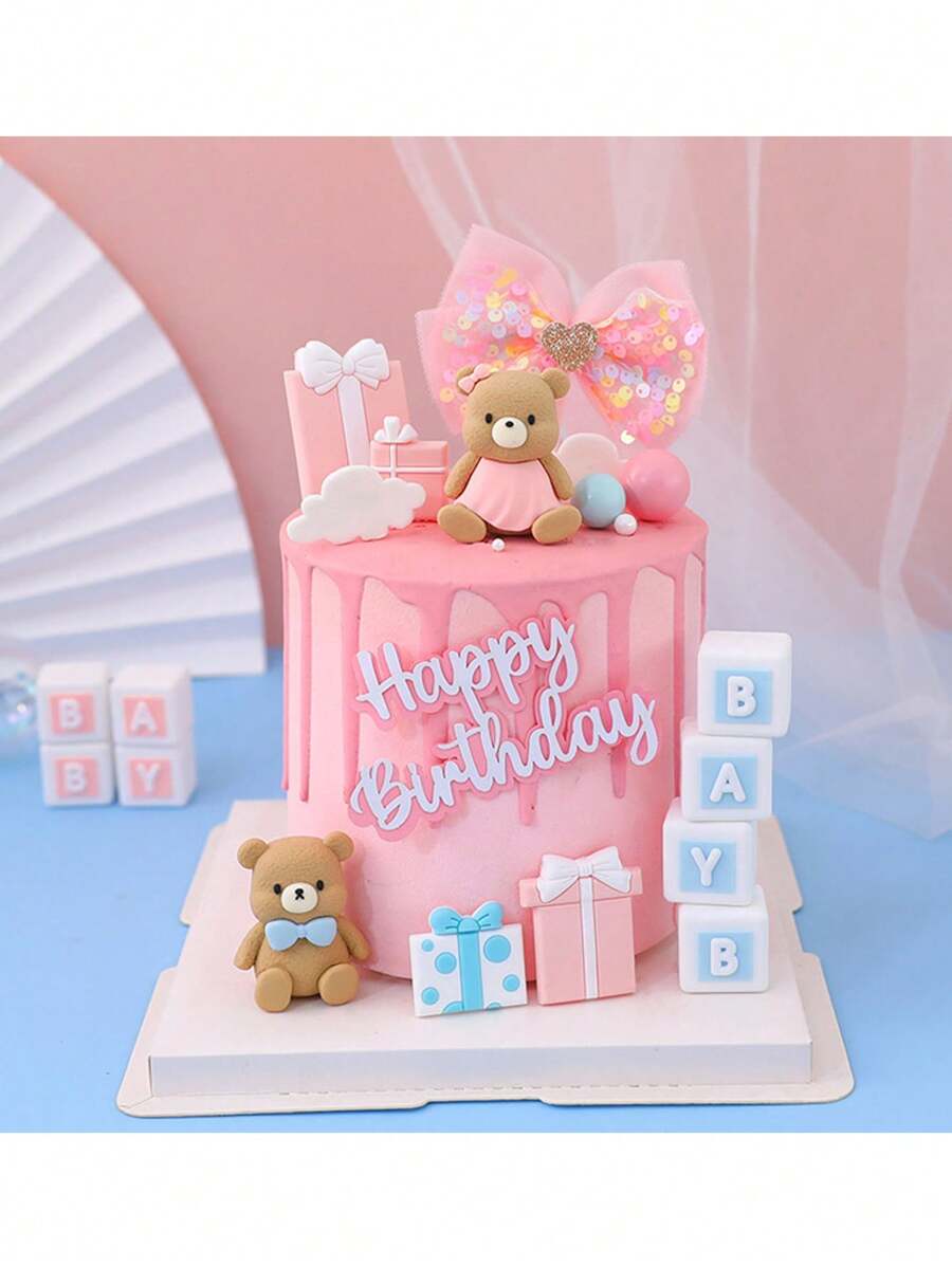 Decoración de tarta con figura de oso adorable, lazos azules y rosas, caja de regalo, letras cuadradas, decoración de tarta de cumpleaños adorable, para primer cumpleaños, bautizo, revelación de género, boda, de material de goma suave y reutilizable, Navidad