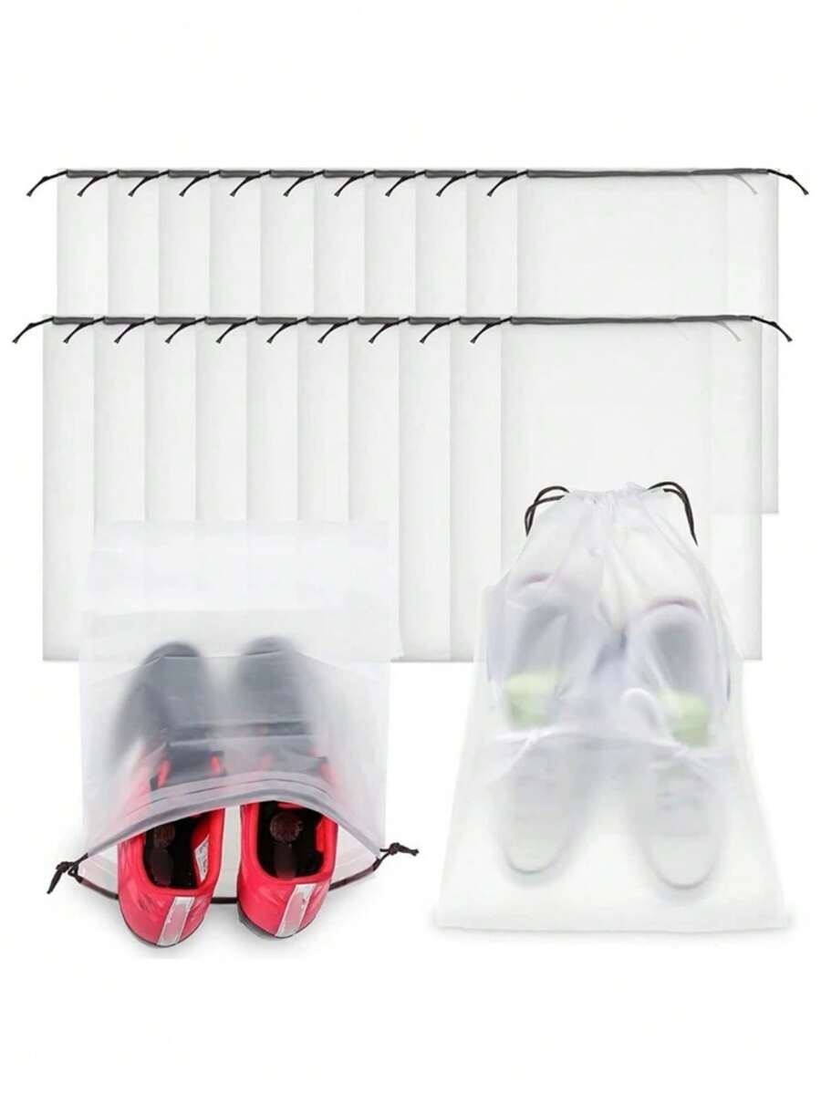 10pcs Matte Translucent Plastic Sneakers Storage Bag, Reusable Portable Drawstring Shoes Storage Box Home Storage Organizer