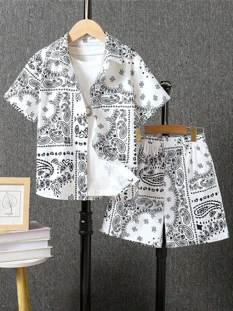 2pcs Set Boys' Paisley Pattern Print Shirt And Shorts, Ramadan Gift, Stylish Design Short Sleeve Collared Shacket And Shorts Set, Spring/Summer